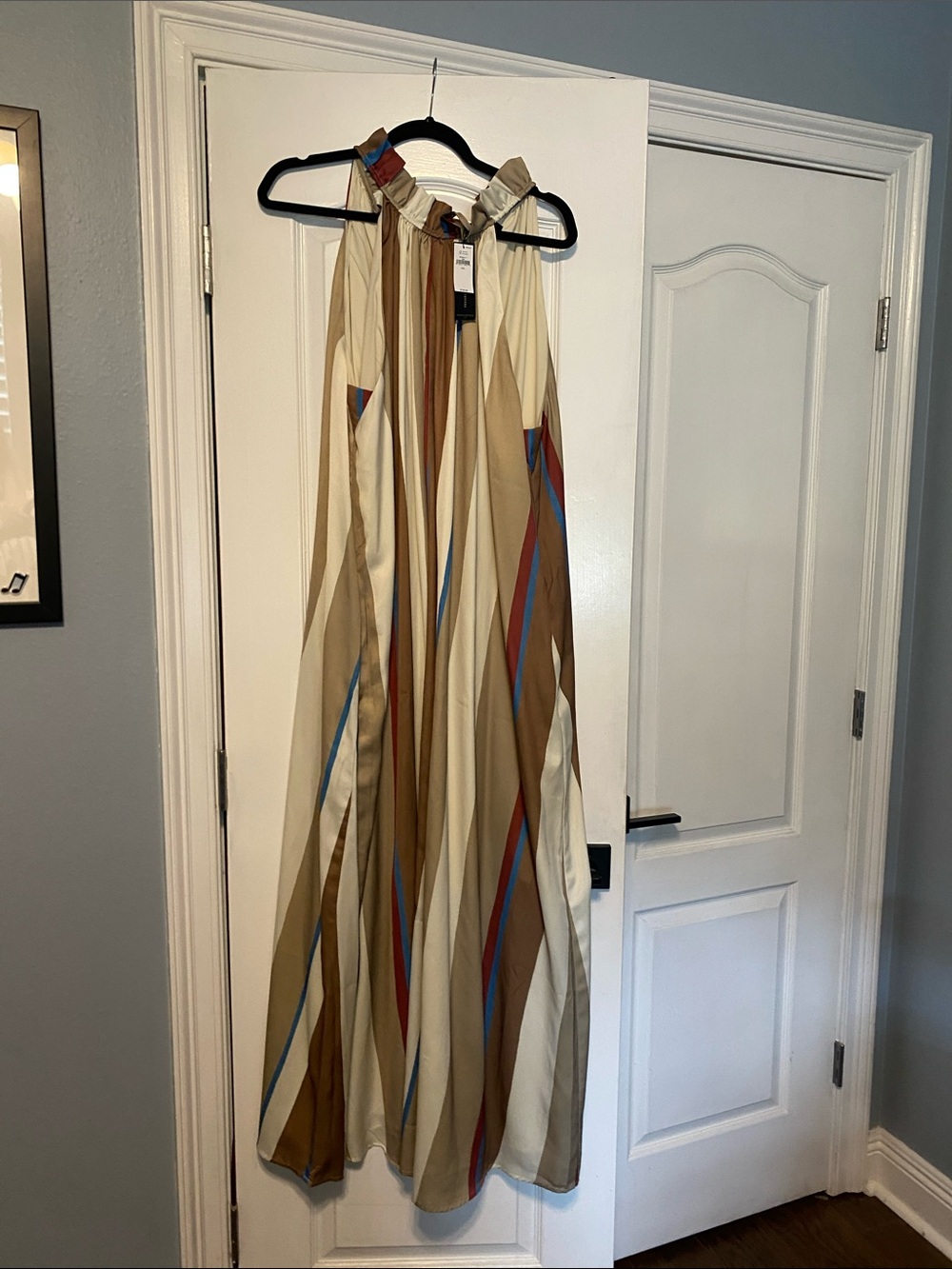 Banana Republic Cream and Brown Striped Maxi Dress with Blue & Red Accents
